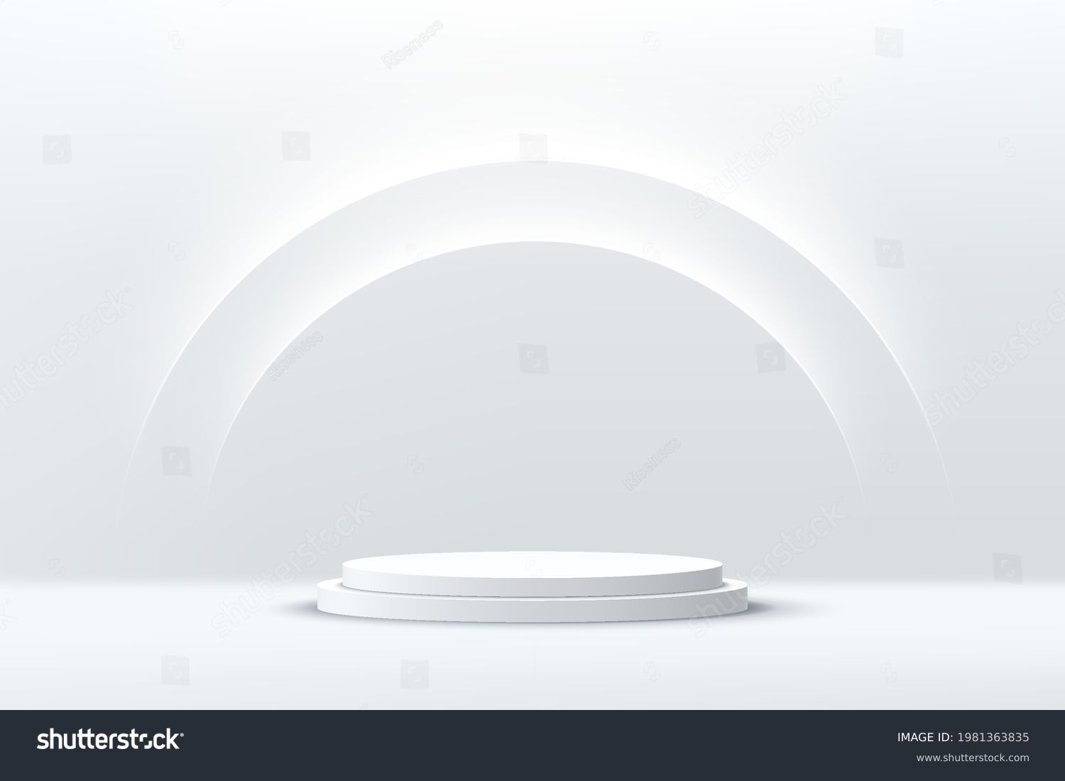 Abstract shine silver cylinder pedestal podium. Sci-fi white empty room concept with semi circle glowing neon lighting. Vector rendering 3d shape, Product display presentation. Futuristic wall scene. #1981363835