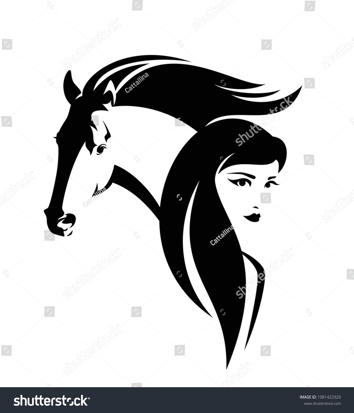 beautiful woman with long hair and wild mustang - Royalty Free Stock ...