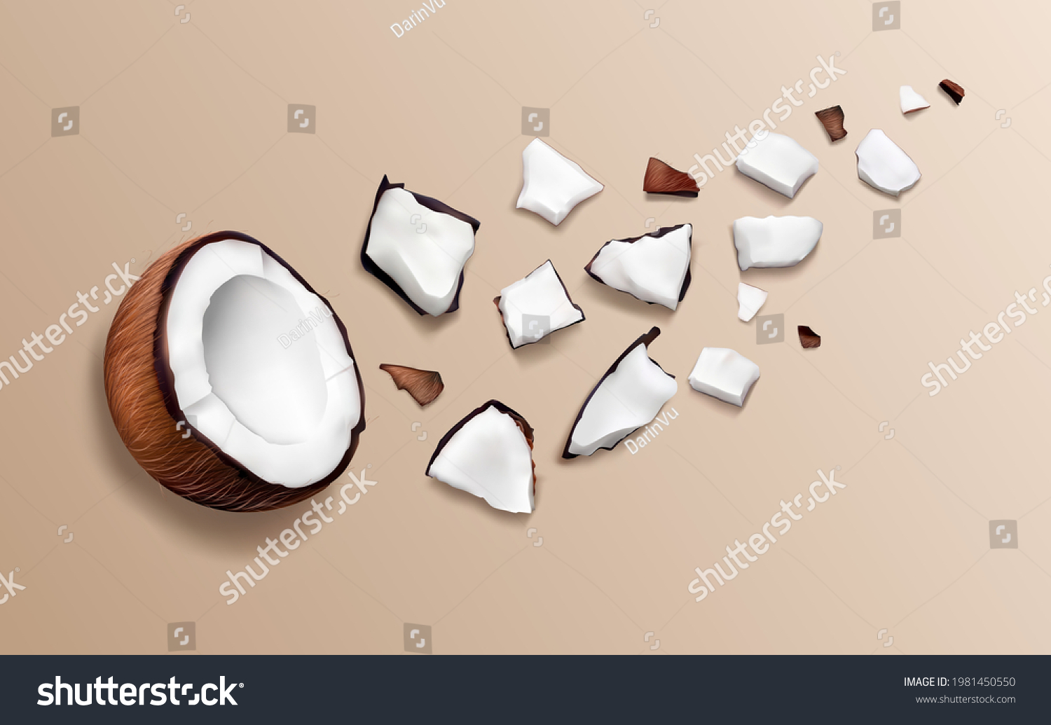 3d realistic cracked coconut vector illustration. Juicy parts, slices of coconut. Top view. Broken into pieces on the table. Cosmetic products. Tropical abc tract on biege background. Spaa, vegan, bio #1981450550