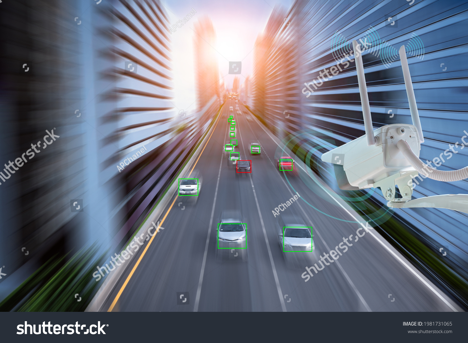 Hi technology CCTV camera WiFi intelligence AI 5G systems monitoring safety and protect accident on high speed road for check car over hi speed show in red block is technology for safety concept. #1981731065