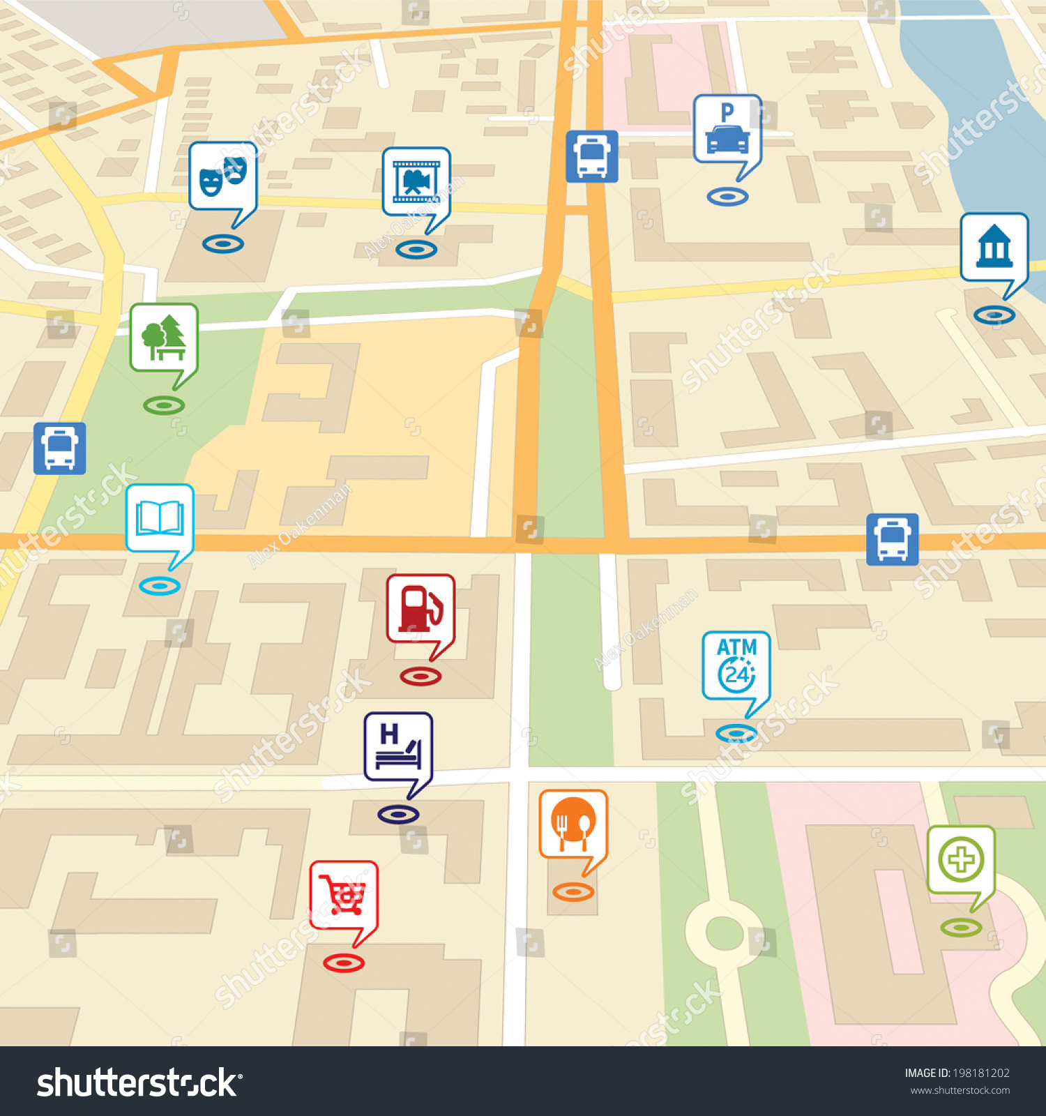 Vector city map with pin location pointers of - Royalty Free Stock ...