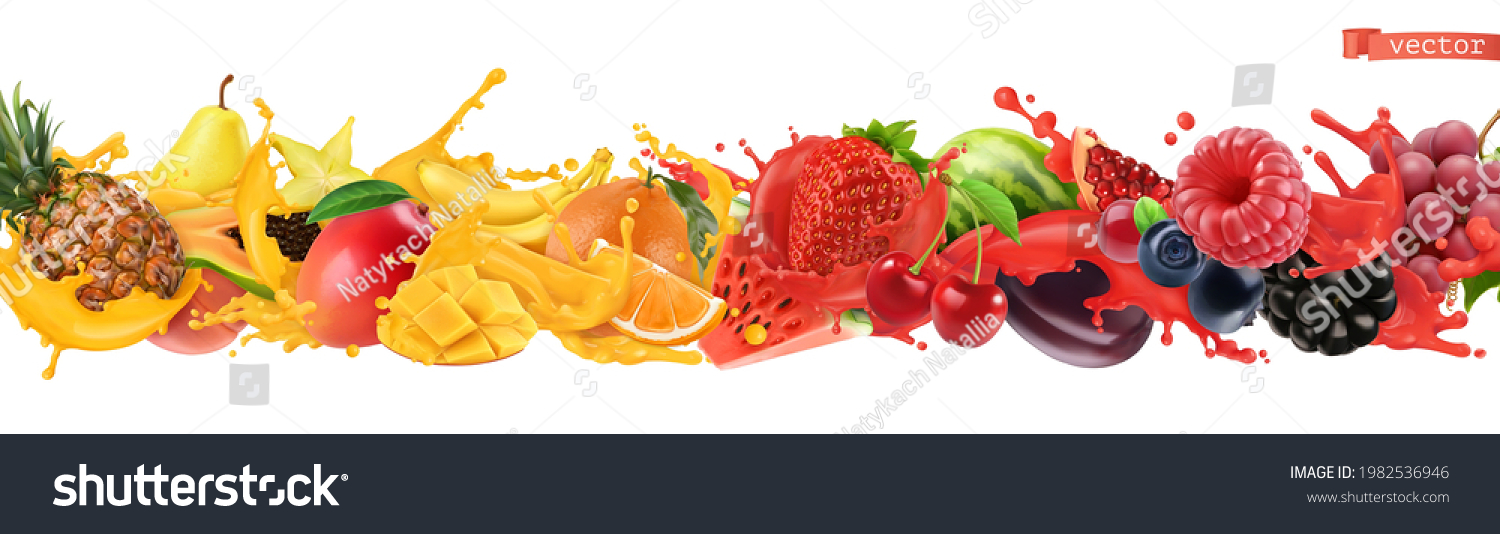 Fruit and berries burst. Splash of juice. Sweet tropical fruits and mixed berries. Watermelon, banana, pineapple, strawberry, orange, mango. 3d realistic objects #1982536946