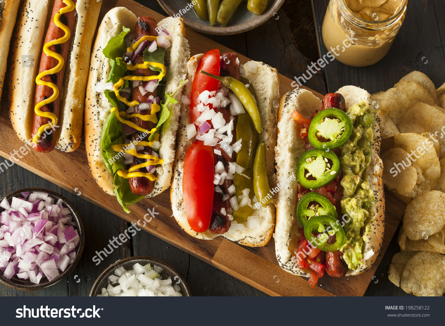 Gourmet Grilled All Beef Hots Dogs with Sides and Chips #198258122