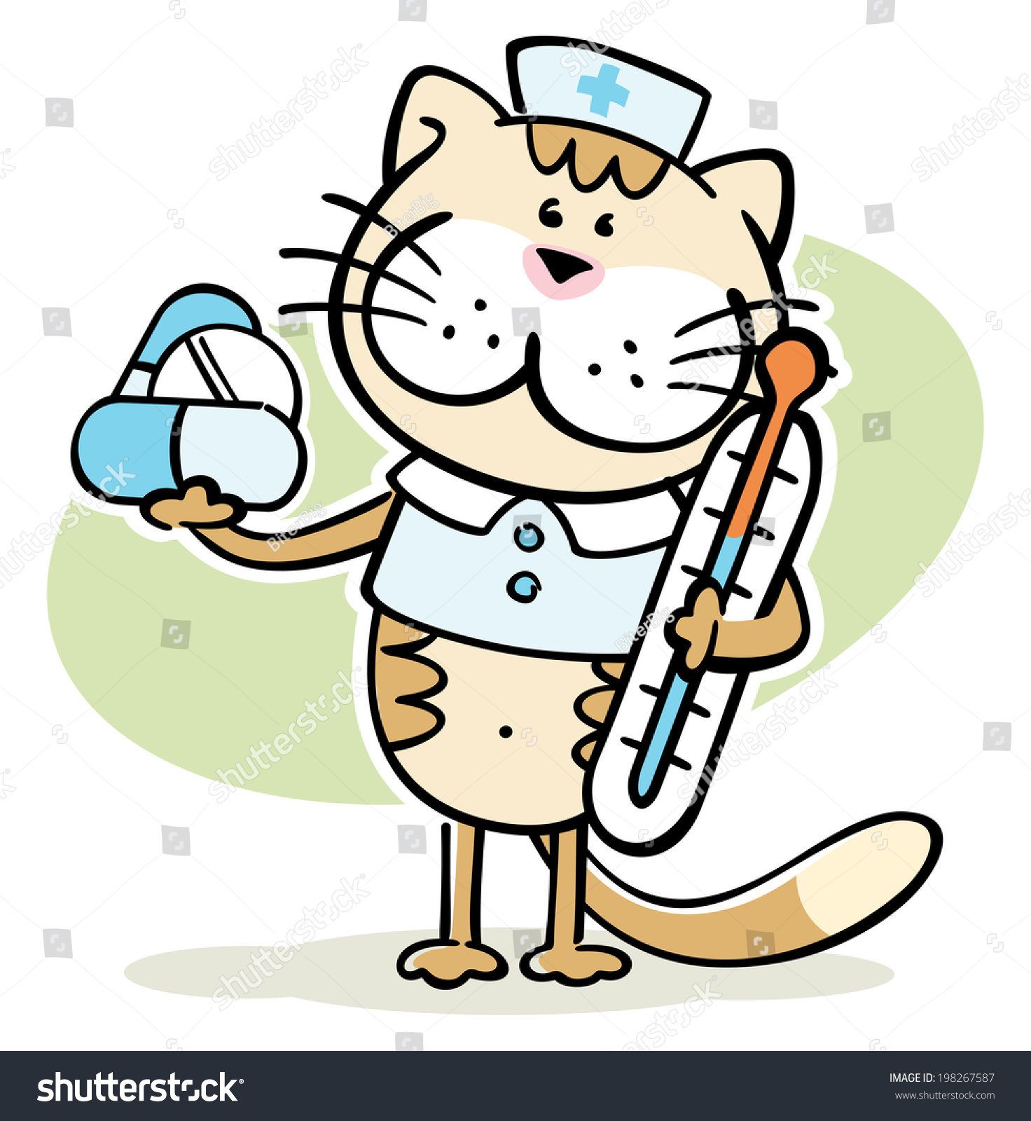 cartoon cat -  cute veterinarian character with thermometer and pills  #198267587