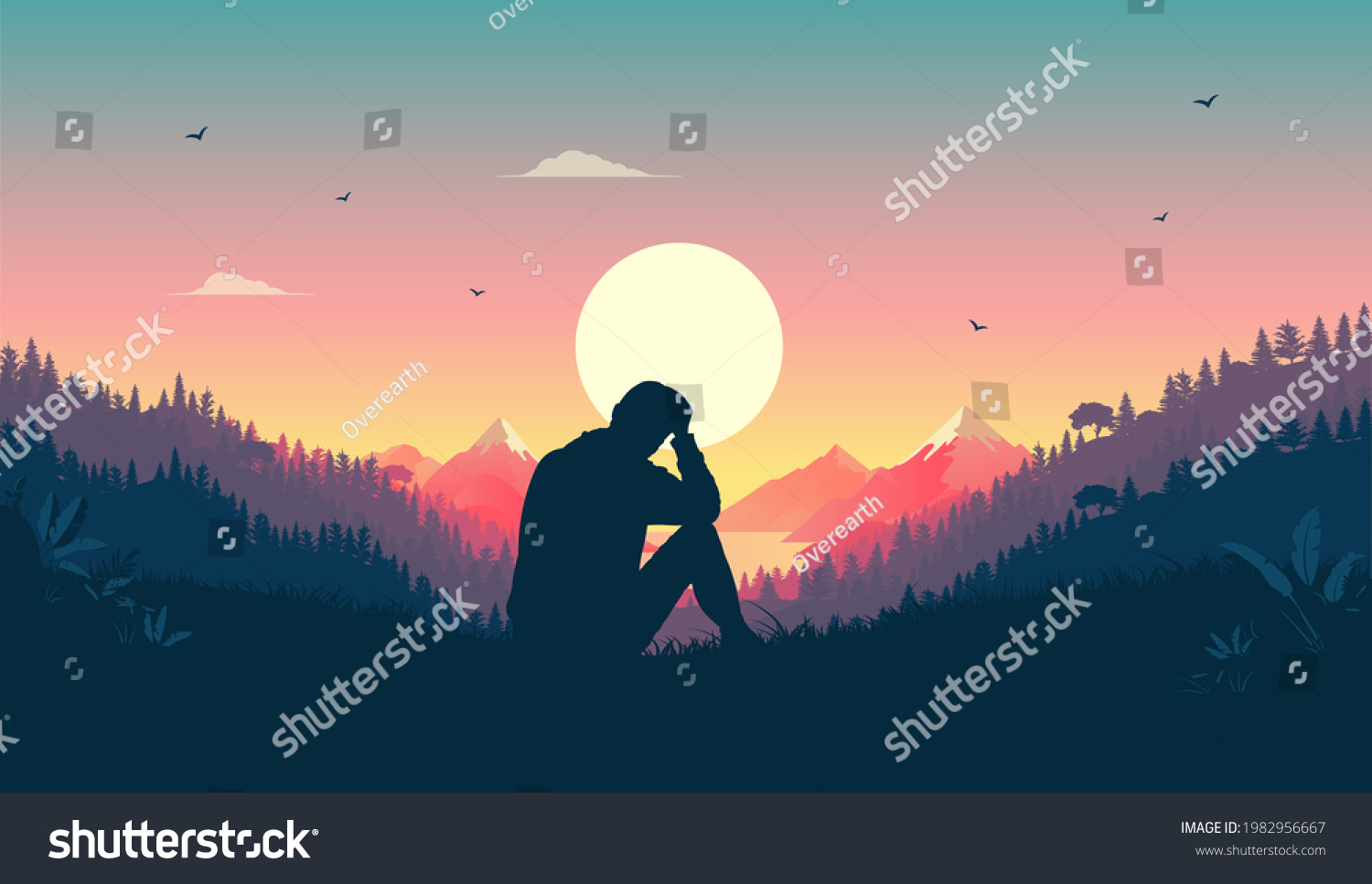 Melancholy man sitting in landscape thinking and contemplating. Beautiful warm nature and sunset in sky. Melancholic feeling concept. Vector illustration. #1982956667