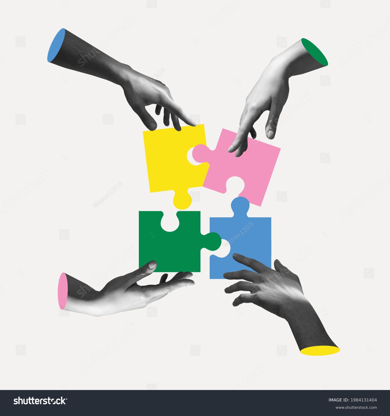 Male and female hands aesthetic on light background with colored puzzles, artwork. Concept of team work, business, community and professional occupation. Symbolism and surrealism. #1984131404