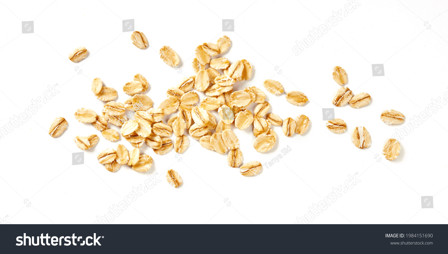 Oat flakes isolated on white background. Flakes for oatmeal and granola. Image of oat flakes for you design. #1984151690
