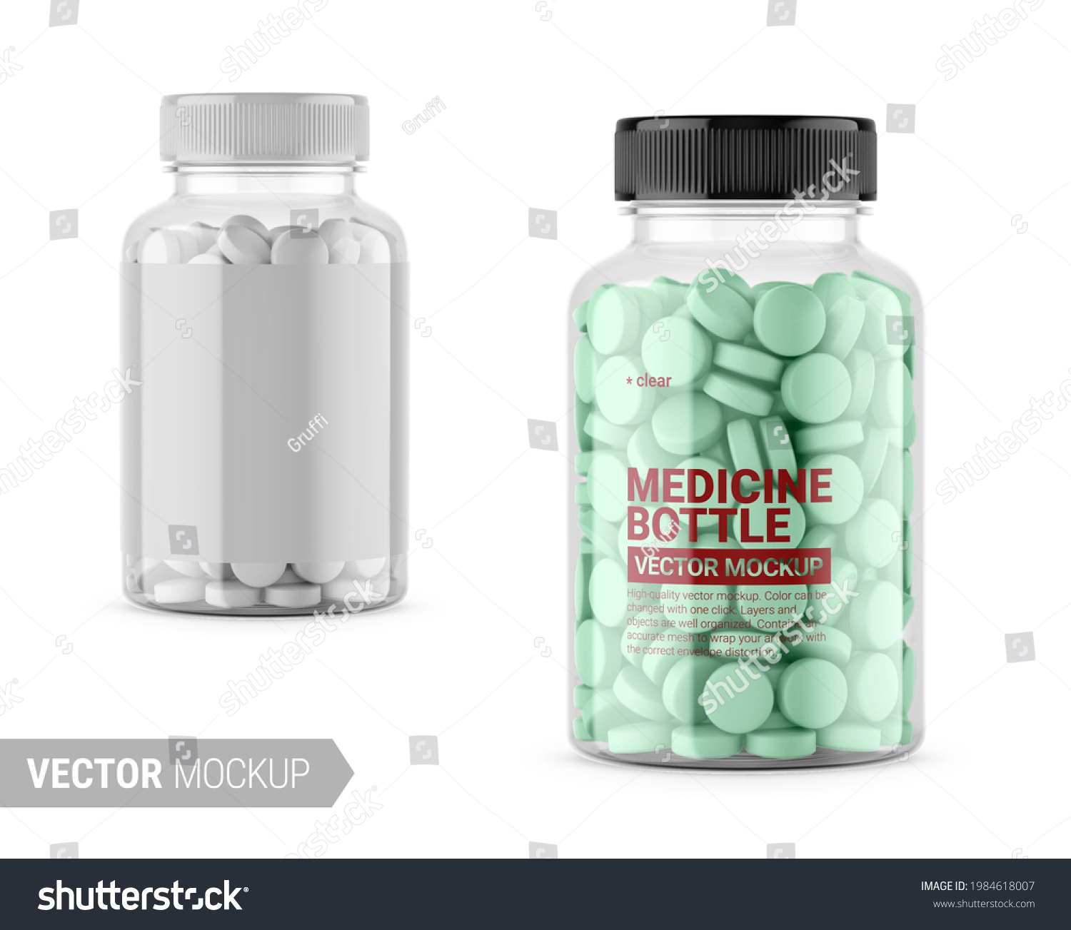 Clear glass medicine bottle with tablets, transparent on background. Contains accurate mesh to wrap your design with envelope distortion. Photo-realistic packaging vector mockup template with sample. #1984618007