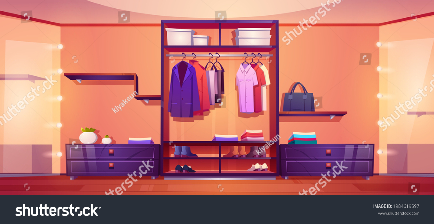 Modern Walk In Closet With Men Clothes And Shoes Royalty Free Stock Vector 1984619597 3293