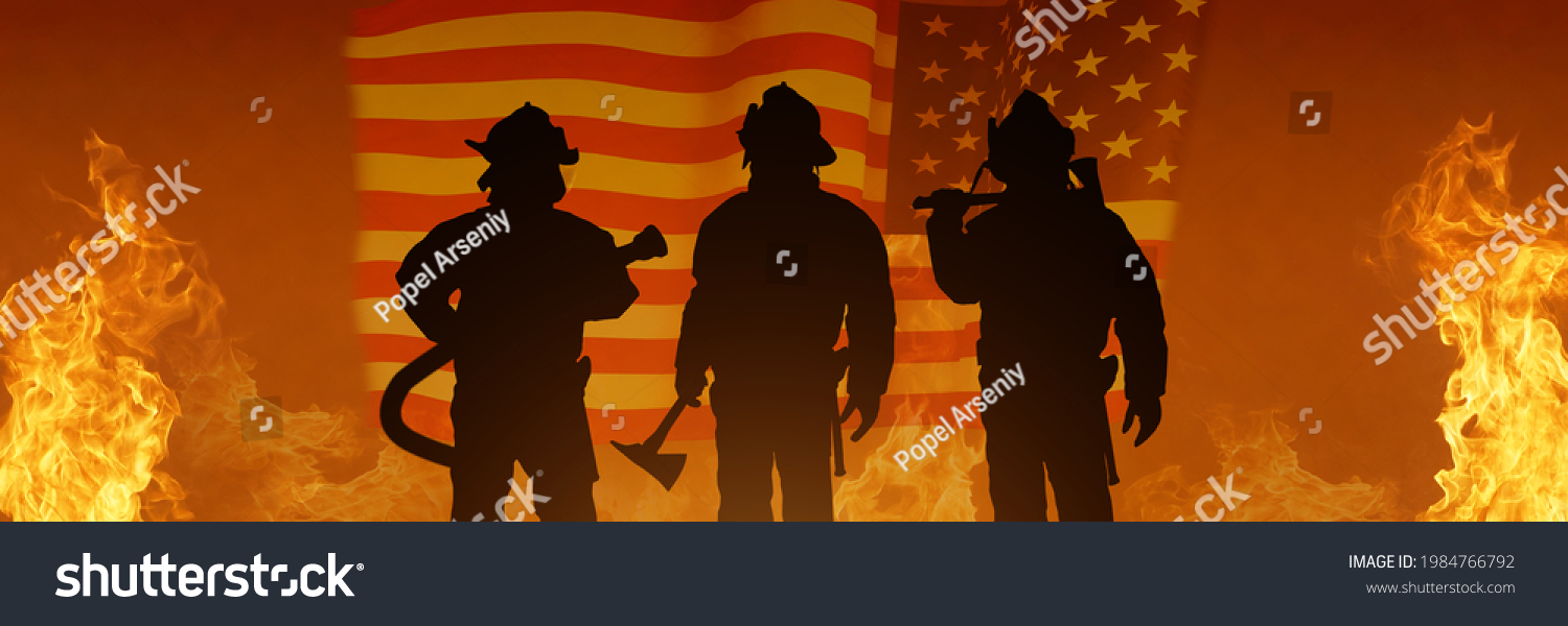 USA firefighter with nation flag. Greeting card for Firefighters Day , Patriot Day, Independence Day . America celebration. #1984766792