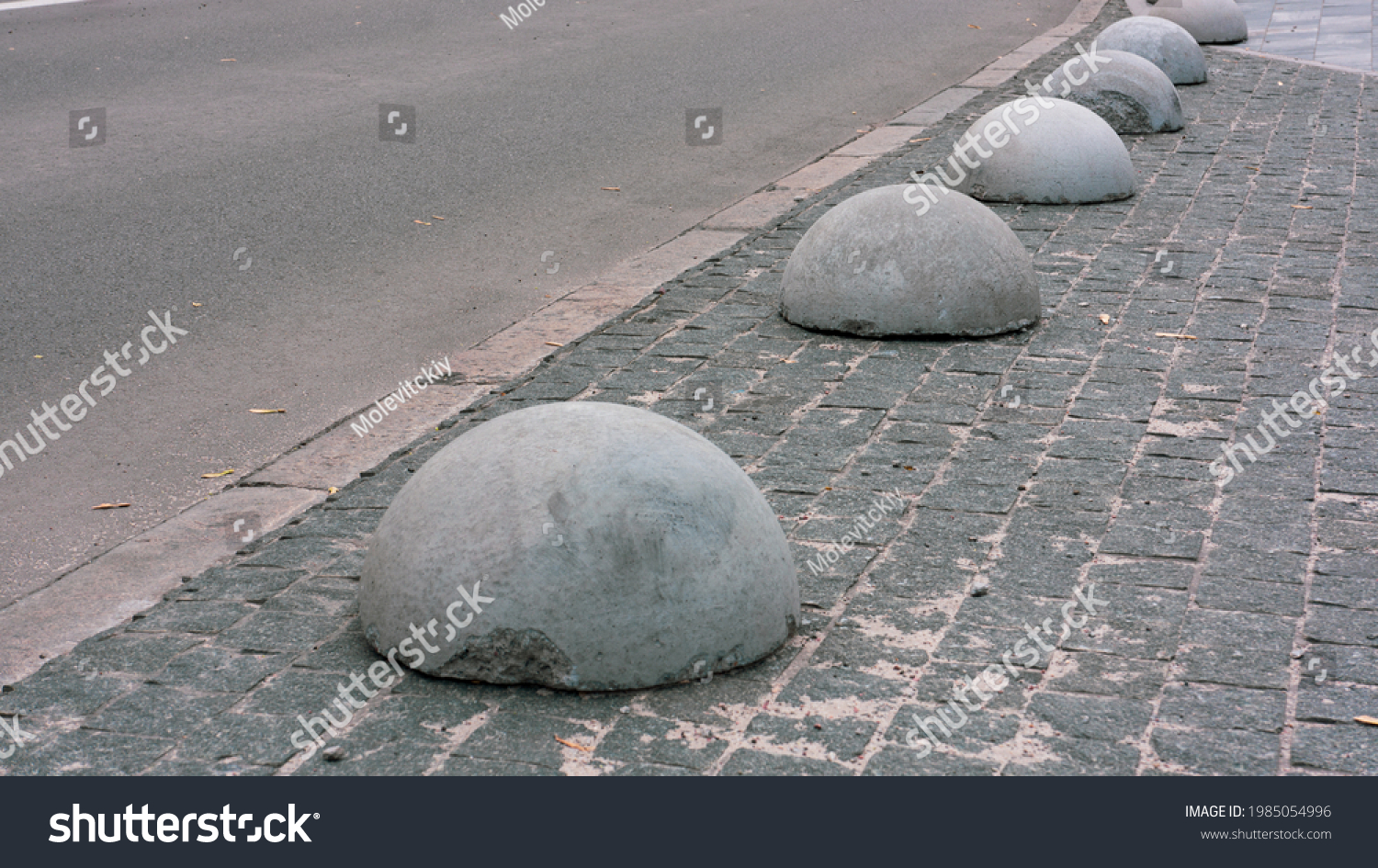 Gray concrete anti-parking hemispheres at the sidewalk #1985054996