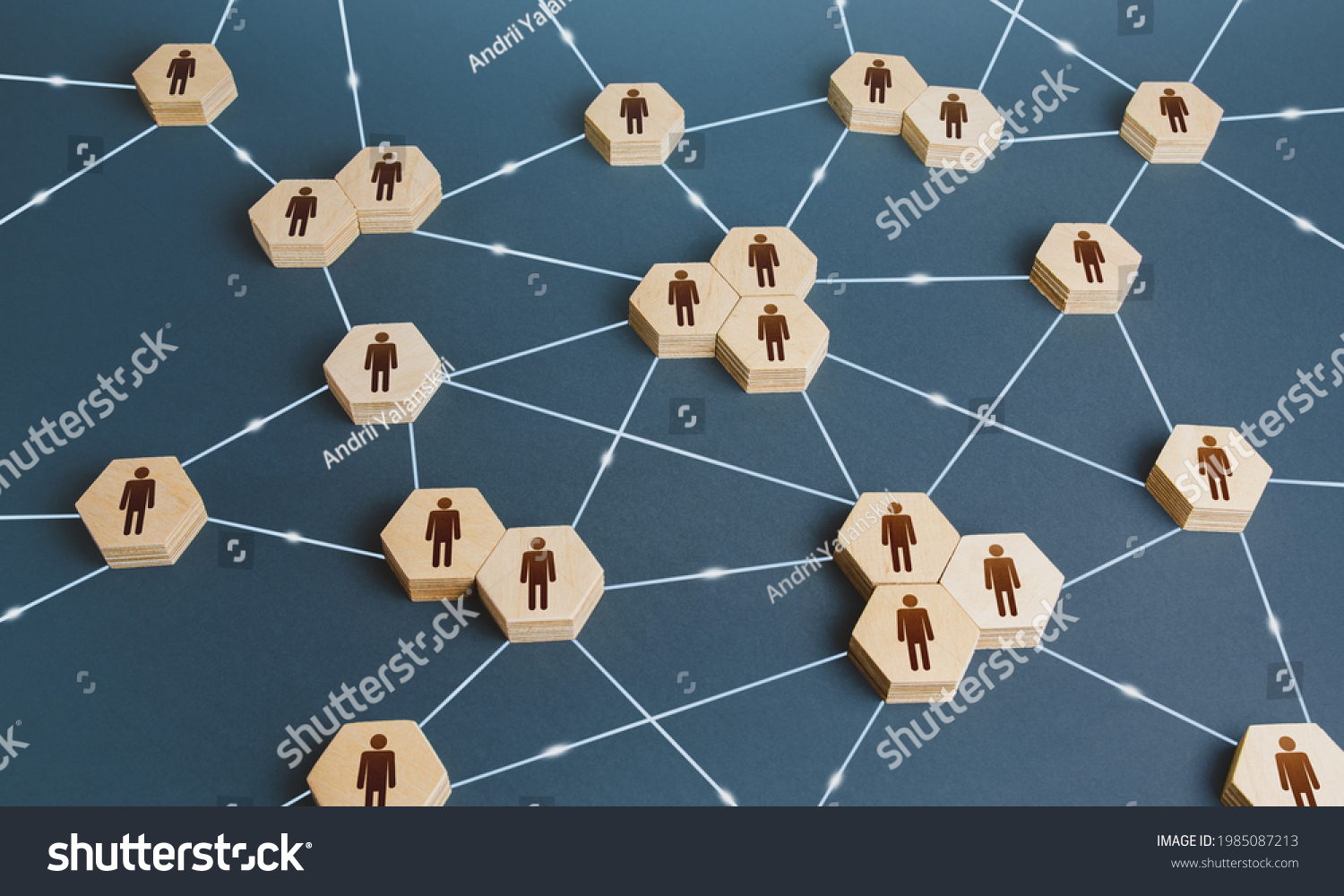 Network of interconnected people. Interactions between employees and working groups. Social business connections. Networking communication. Decentralized hierarchical system of company. Organization #1985087213