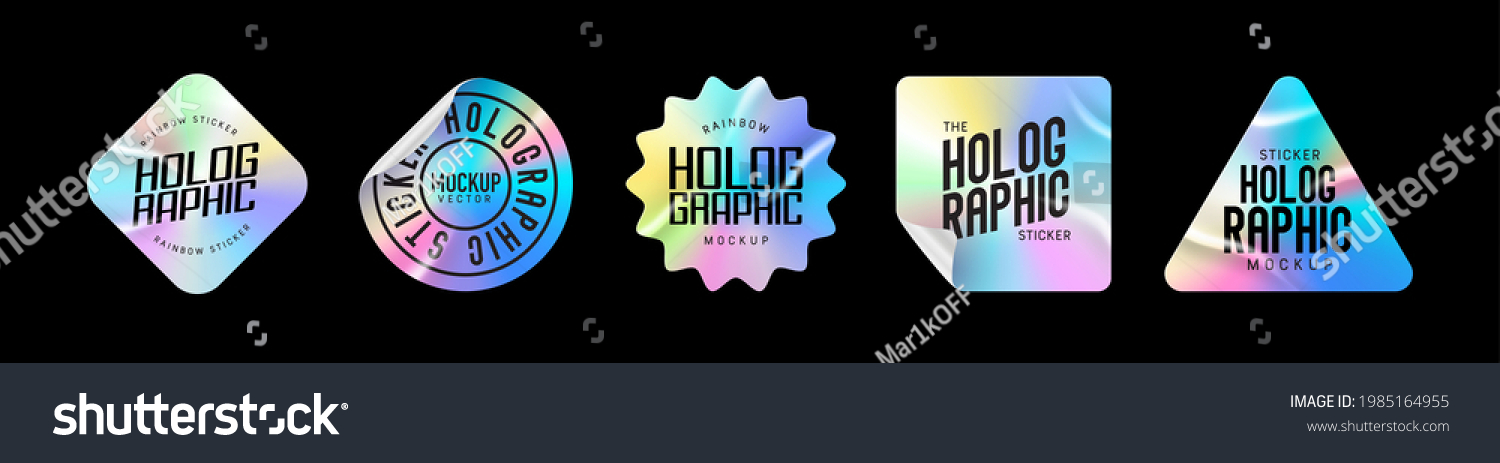 Holographic stickers. Hologram labels of different shapes. Sticker shapes for design mockups. Holographic textured stickers for preview tags, labels. Vector illustration #1985164955