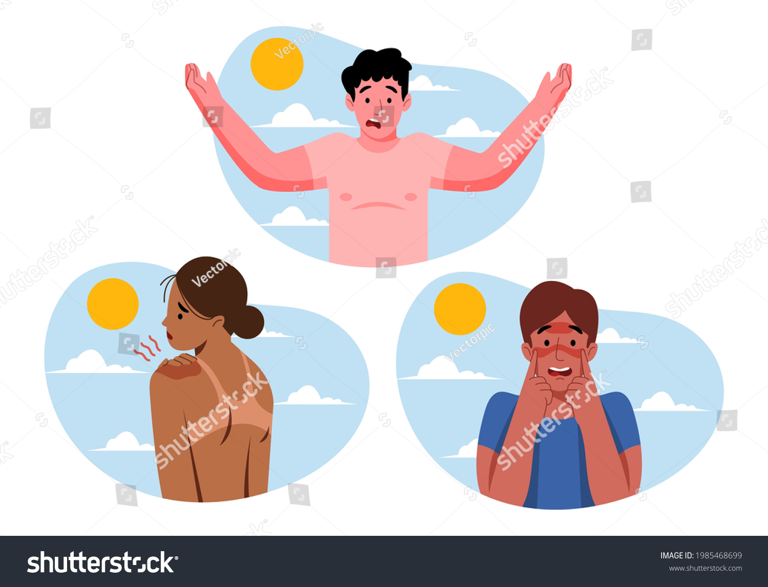 Group of different people with a sunburn Vector illustration. #1985468699