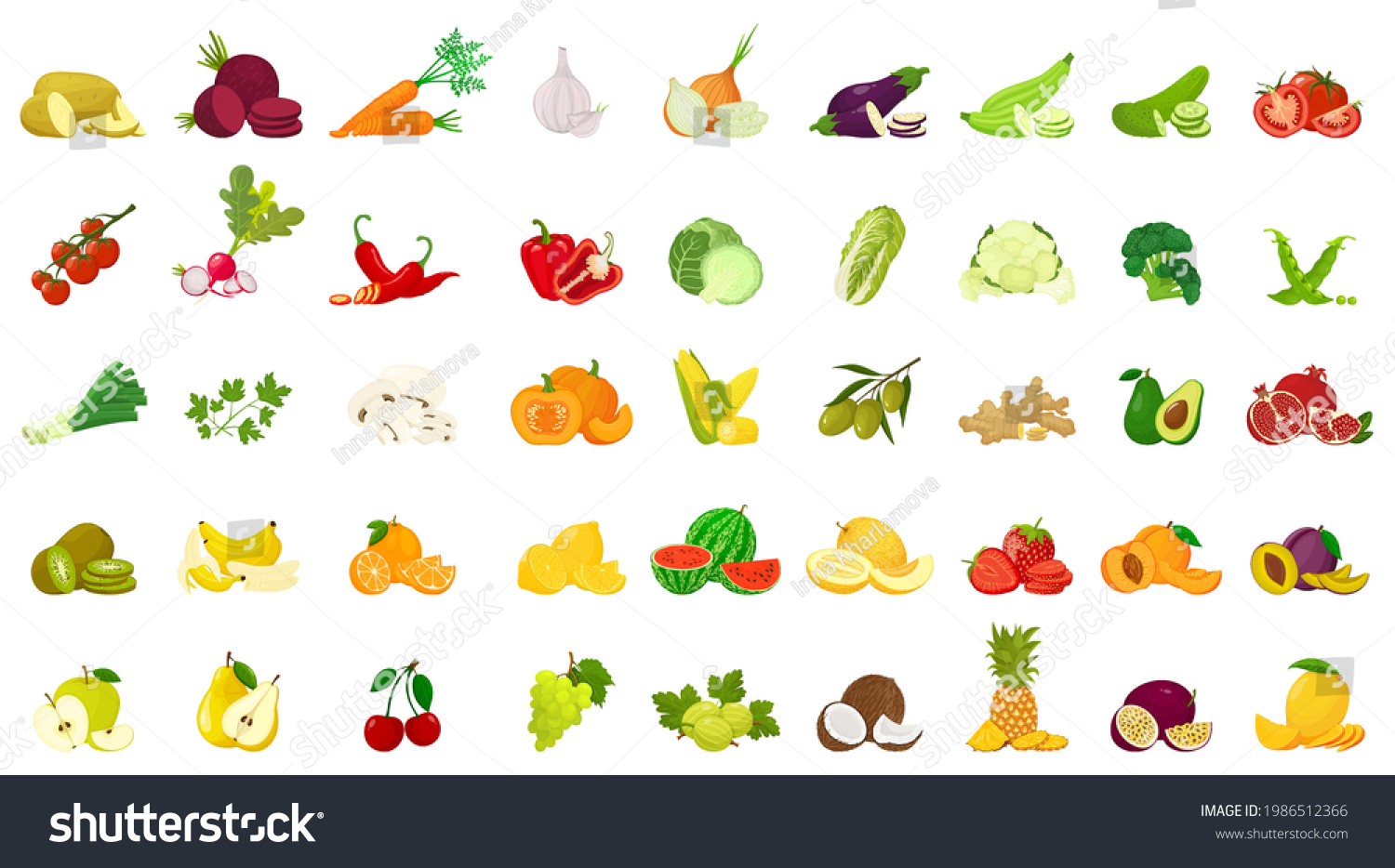 Set of fruits and vegetables, colorful vector icons in flat style, isolated Graphic design elements, collection of illustrations for websites, mobile applications, web banners, infographics, printed m #1986512366