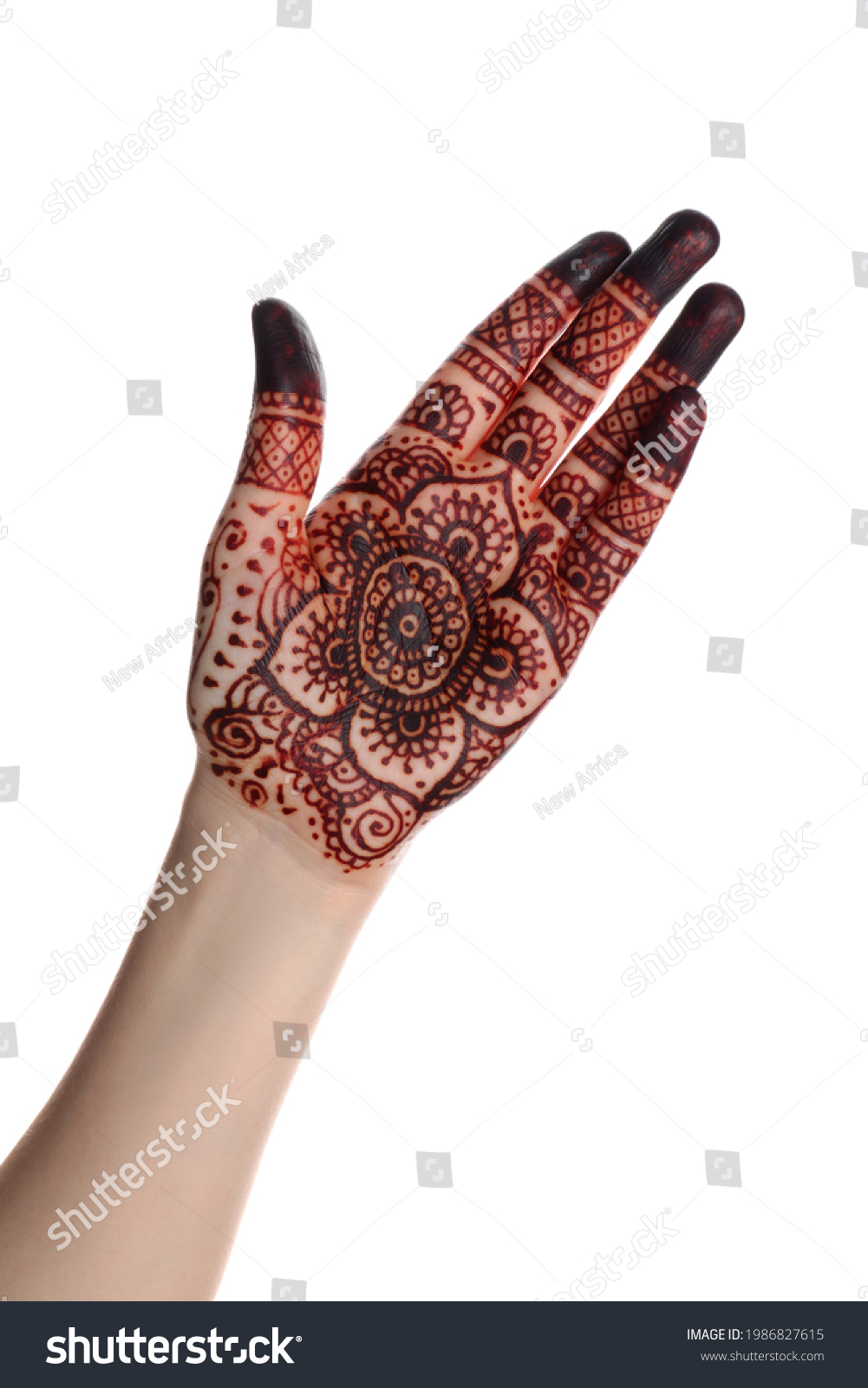 Woman with henna tattoo on palm against white background, closeup. Traditional mehndi ornament #1986827615