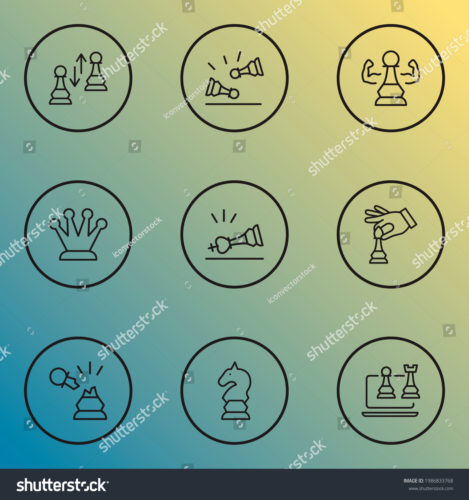 Chess icons line style set with hand with bishop, pawn exchange, kings crown competition elements. Isolated vector illustration chess icons. #1986833768