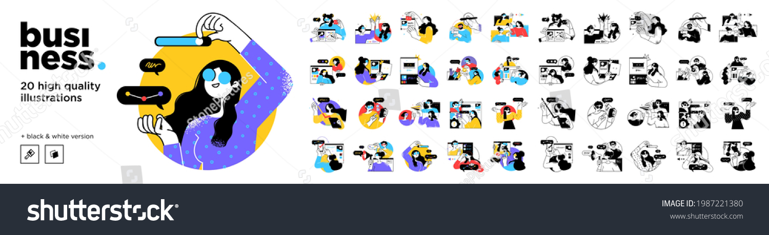 Business Concept illustrations. Mega set. Collection of scenes with men and women taking part in business activities. Vector illustration #1987221380