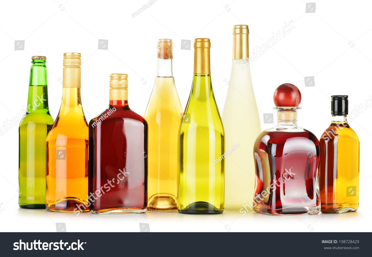 Bottles of assorted alcoholic beverages isolated on white background #198728429