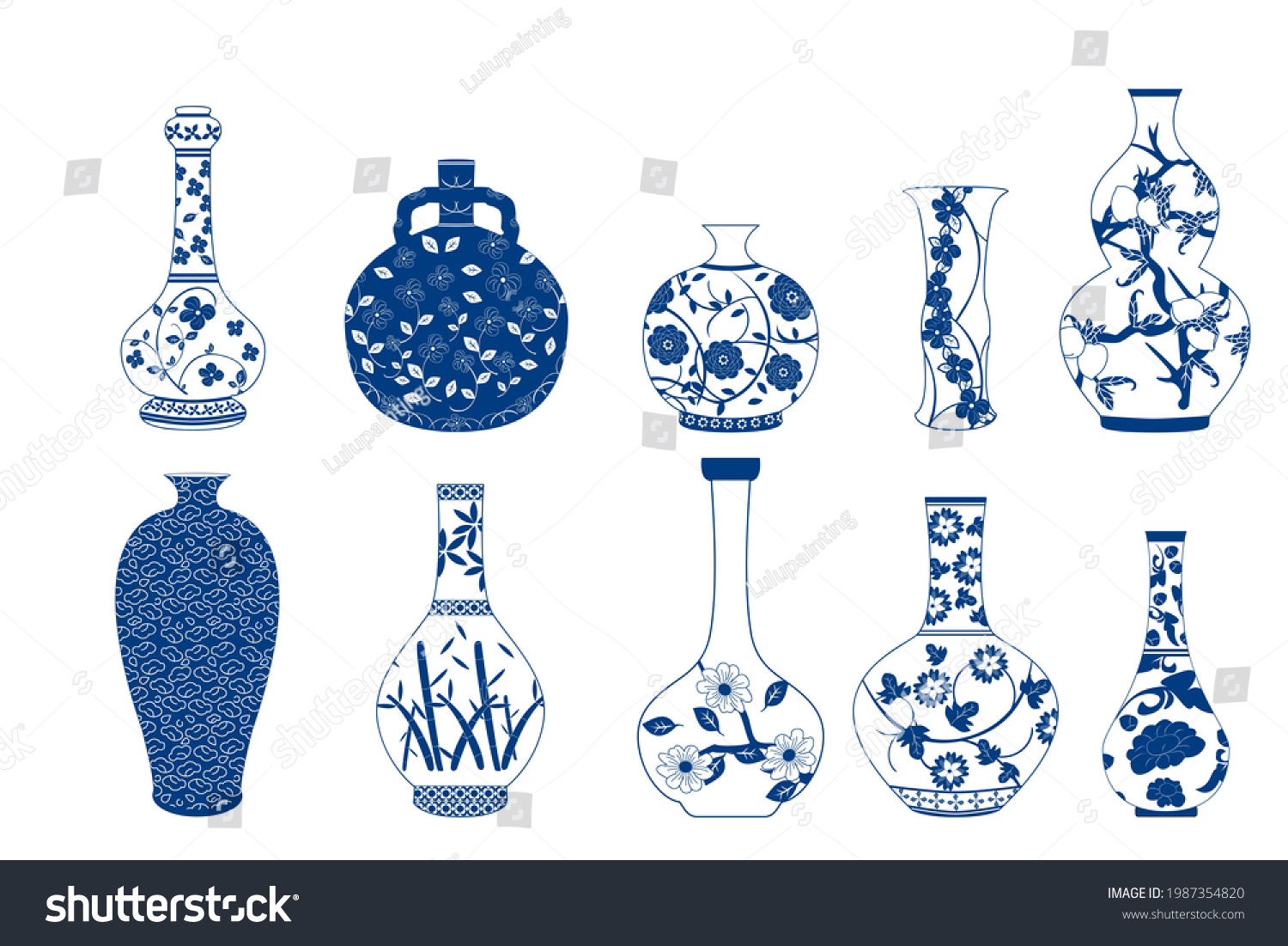 Vase Set. Chinese porcelain vase, ceramic vase, antique blue and white pottery vase with landscape painting. Oriental decorative elements collection of vases for your interior design. #1987354820