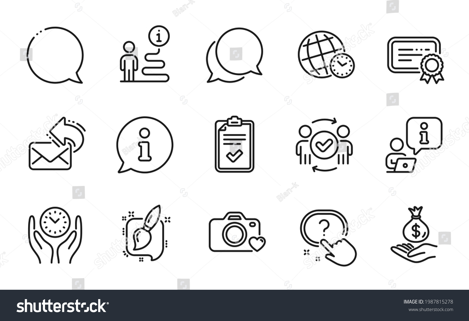 Education icons set. Included icon as Photo camera, Painting brush, Certificate signs. Checklist, Safe time, Speech bubble symbols. Approved teamwork, Share mail, Income money. Time zone. Vector #1987815278