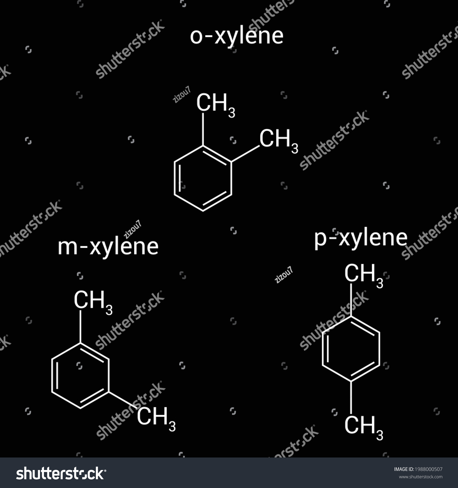 chemical structure of o-xylene m-xylene p-xylene - Royalty Free Stock ...