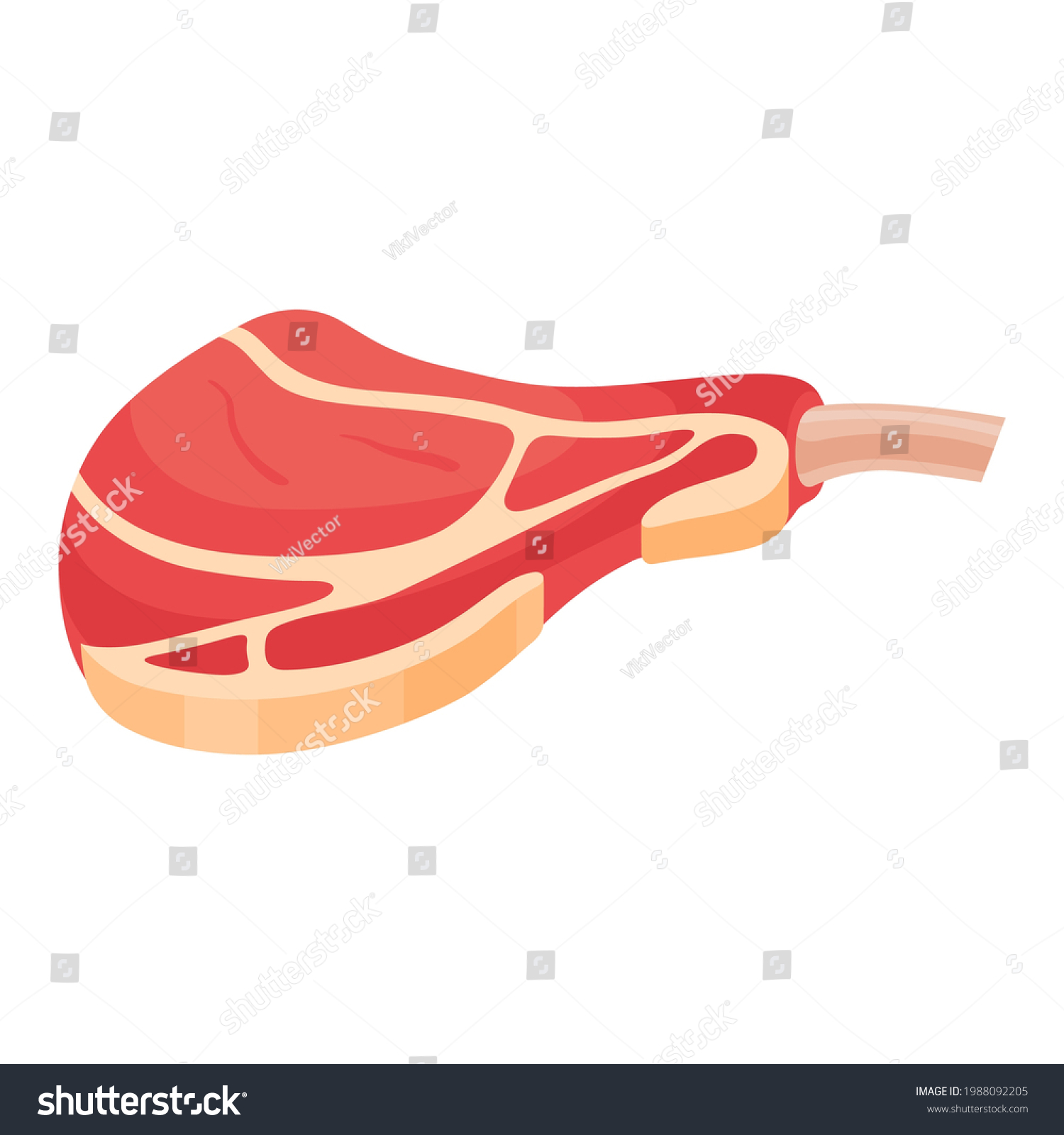 Beef on the bone cartoon icon. Raw meaty piece for roasting, grilling, frying. Fresh cattle, veal steak clipart. Butchery, farm product. Vector illustration isolated on white background. #1988092205
