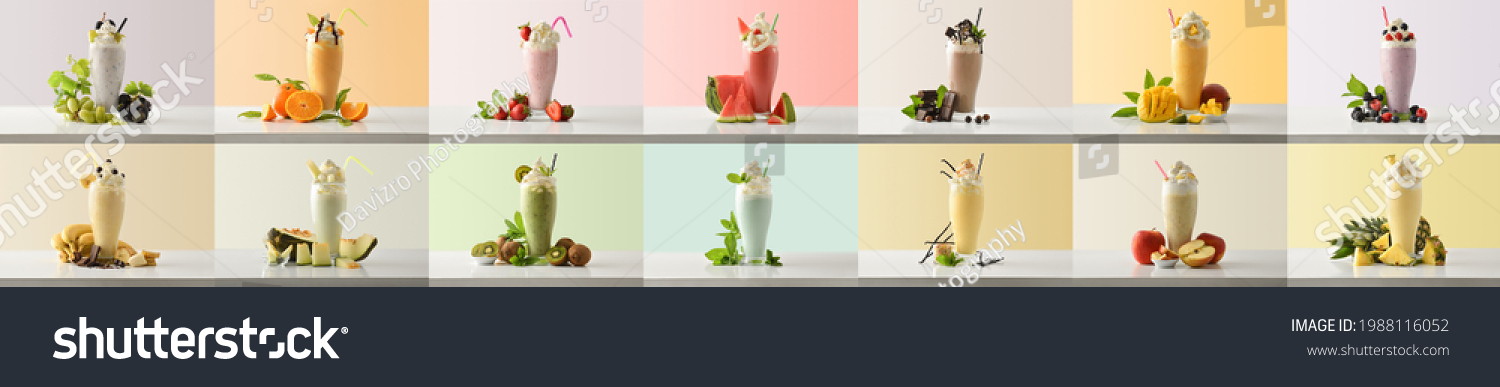 Set of milk shakes with cream in tall glass glass decorated with fruits of various flavors on white table and isolated colored background. Front view. #1988116052