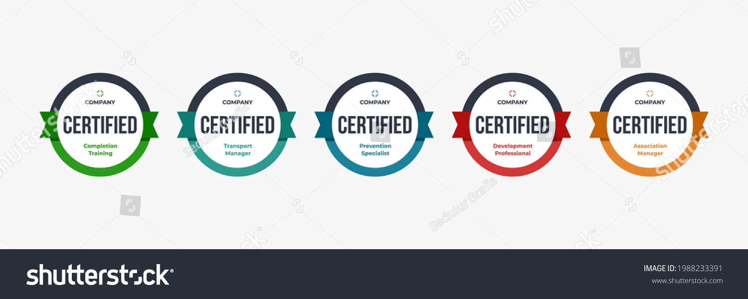 Certified badge logo design for company training badge certificates to determine based on criteria. Set bundle certify colorful vector illustration. #1988233391