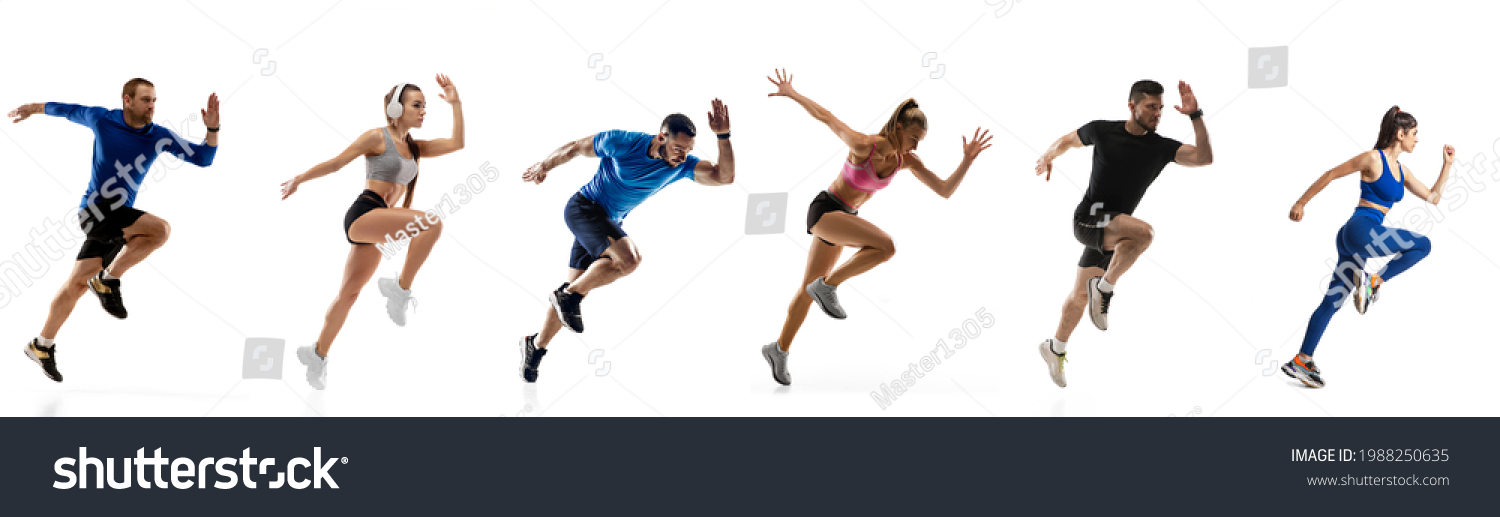 Speed and strength. Development of motions of young athletic fit men and women running isolated over white background. Flyer. Concept of run, sport, competition, championship. Copy space for ad. #1988250635