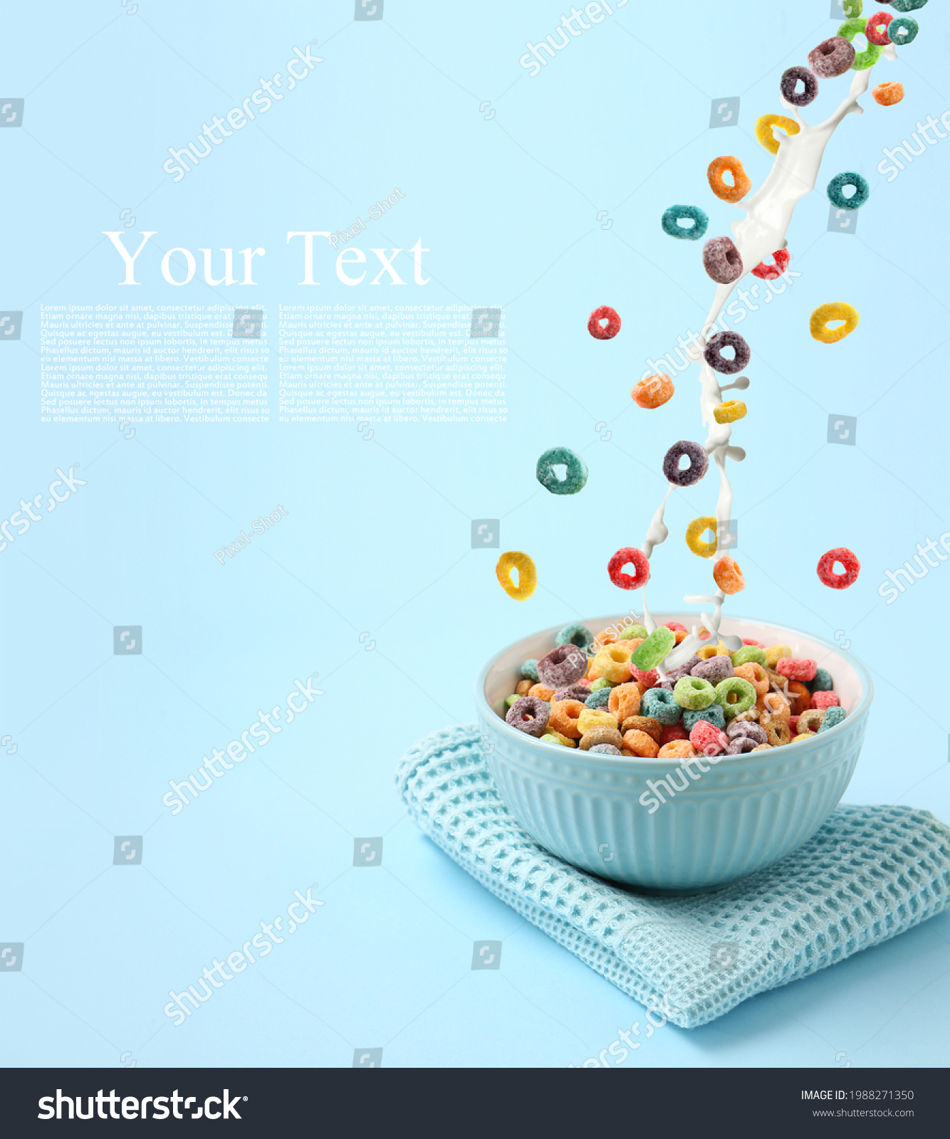 Pouring of tasty cereal rings and milk into bowl on color background with space for text #1988271350
