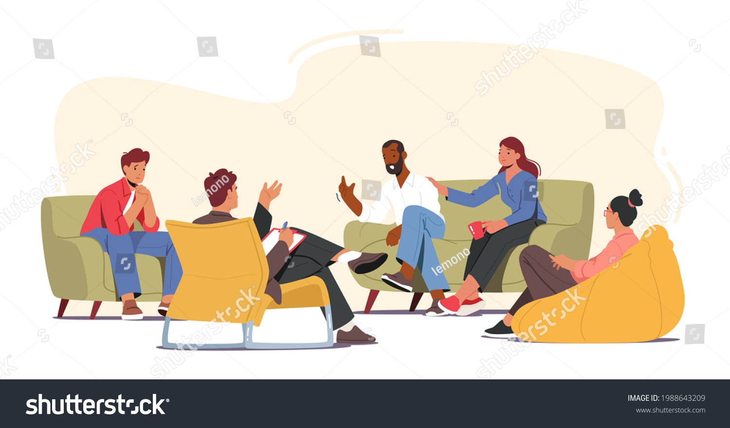 Group Therapy Addiction Treatment Concept. Characters Counseling with Psychologist on Psychotherapist Session. Doctor Psychologist Counseling with Diseased Patients. Cartoon People Vector Illustration #1988643209