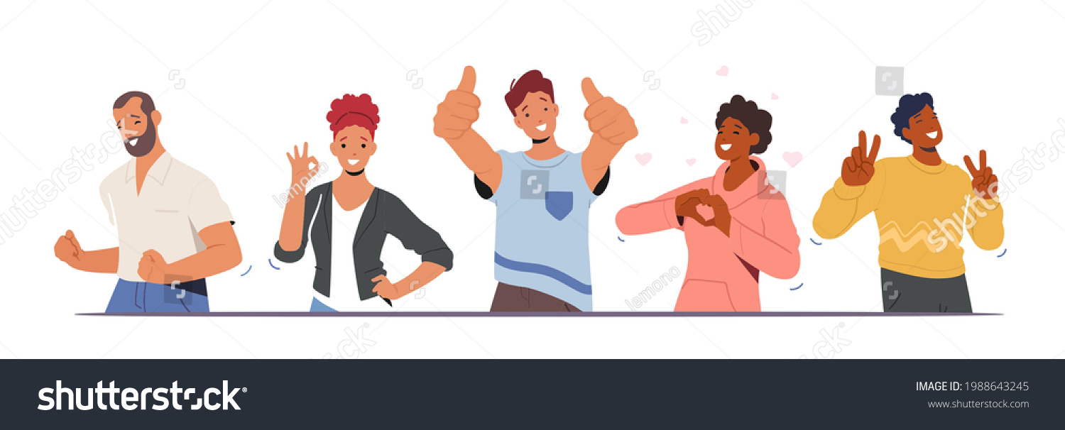 Happiness Emotions, Body Language. People Showing Positive Gestures. Happy Male and Female Characters Show Thumb Up, Ok Symbol, Victory, Yeah and Heart Gesturing. Cartoon People Vector Illustration #1988643245