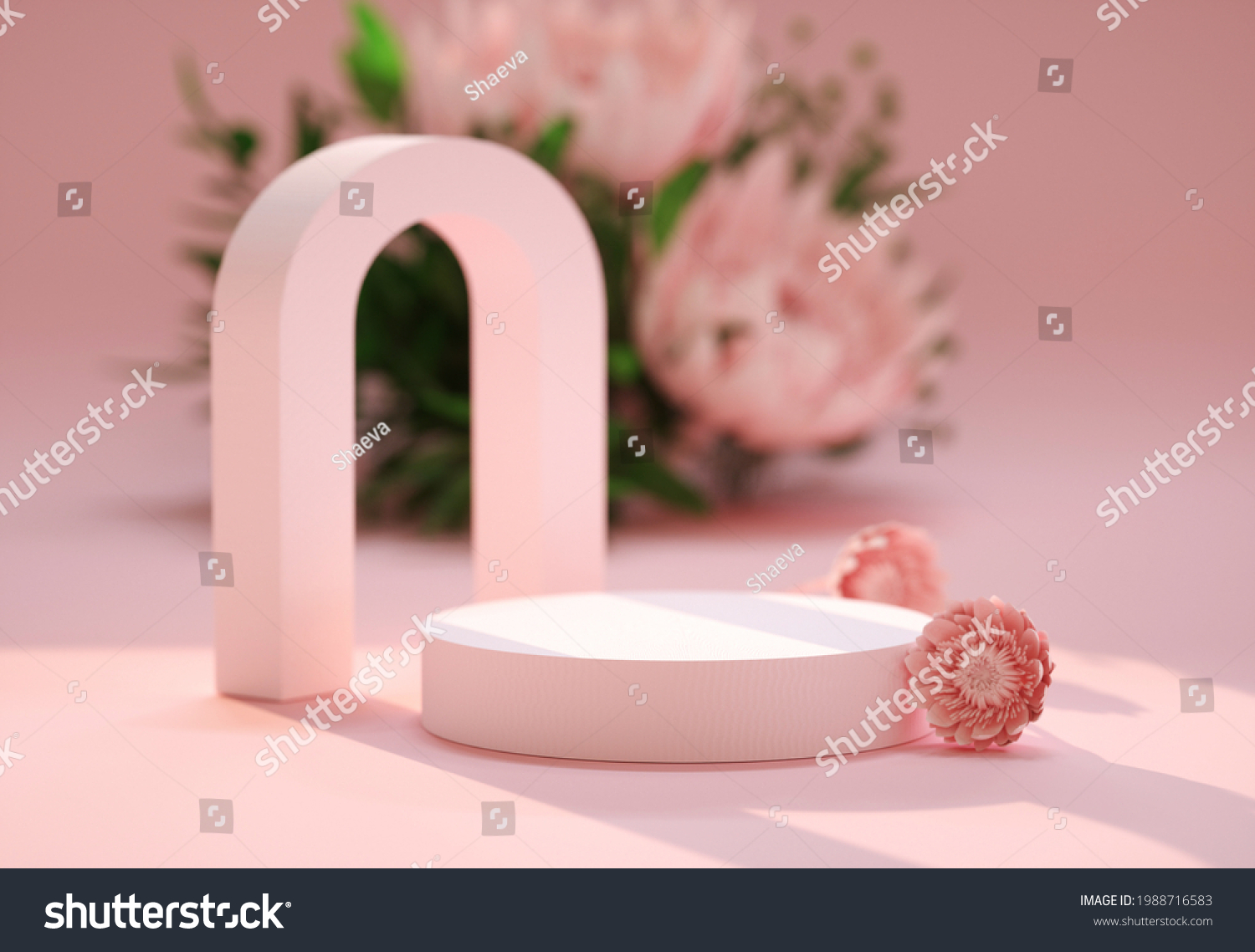 Podium, stand, showcase on pastel light, pink background and flowers. for premium product with nature plant, leaves.3d render. #1988716583