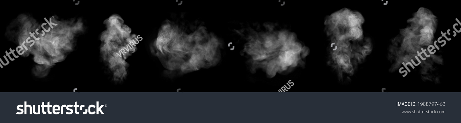 Set. Close-up of steam or abstract white smog rising above. water droplets that can be seen that swirl beautifully from humidifier spray. Isolated on a black background #1988797463