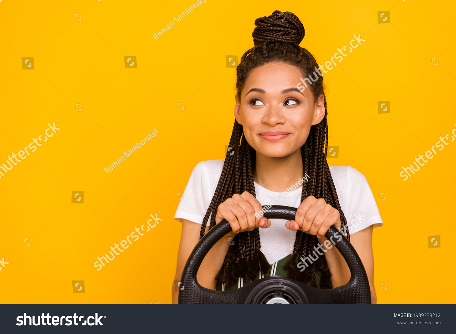 Photo of dreamy happy afro american young woman look empty space drive car isolated on yellow color background #1989333212