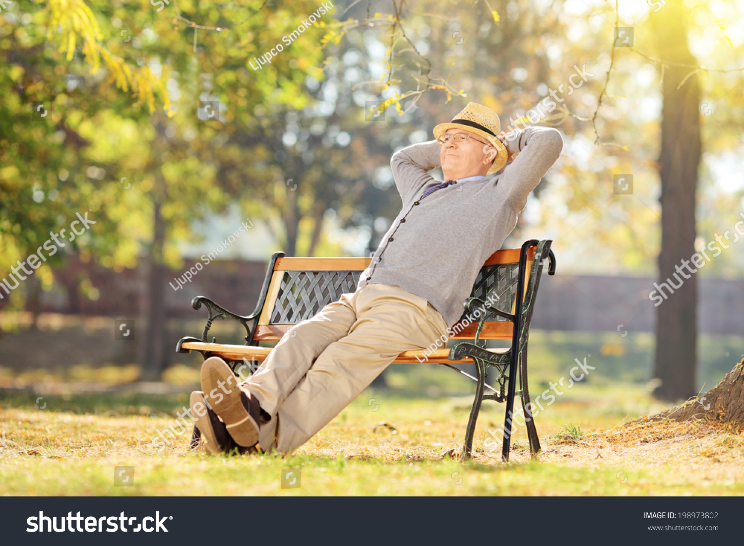 Senior man relaxing in park on a sunny day seated on a wooden bench #198973802