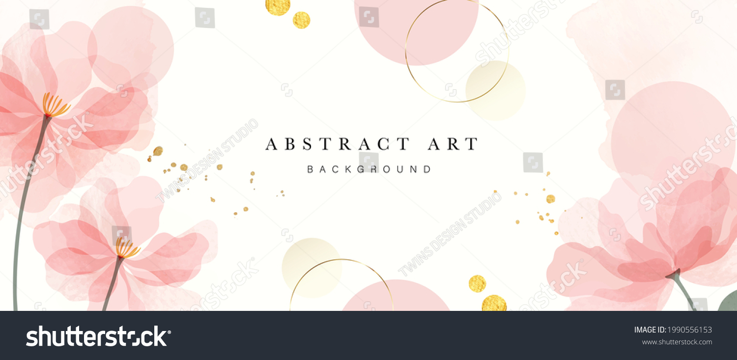 Abstract art background vector. Luxury minimal style wallpaper with golden line art flower and botanical leaves, Organic shapes, Watercolor. Vector background for banner, poster, Web and packaging. #1990556153