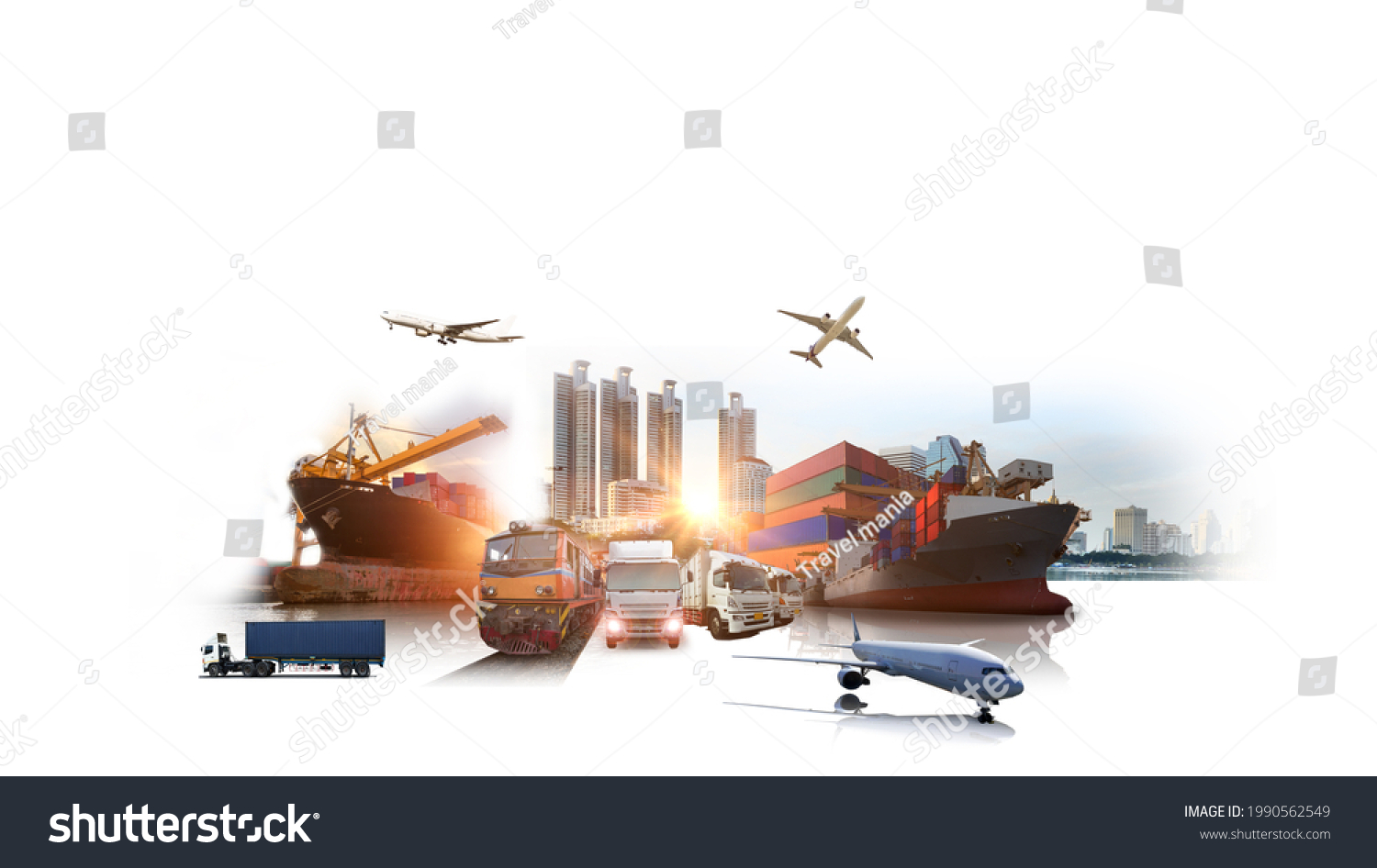 Global business of Container Cargo freight train for Business logistics concept, Air cargo trucking, Rail transportation and maritime shipping, Online goods orders worldwide #1990562549