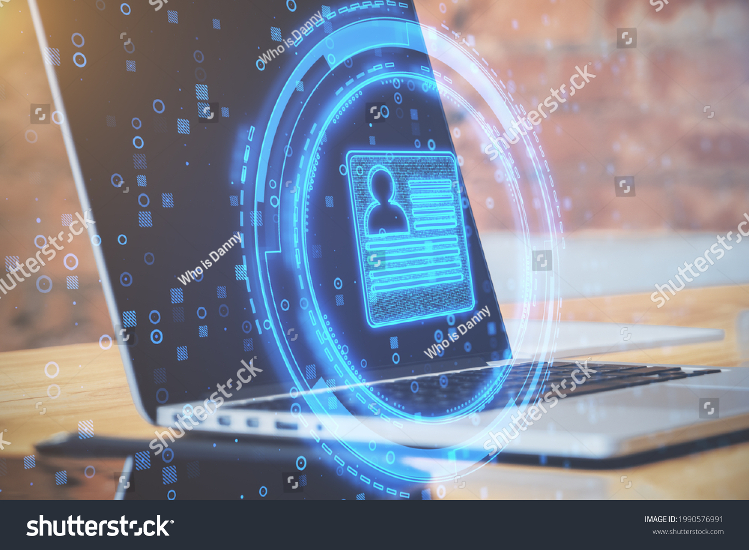 Close up of desktop with laptop and abstract glowing digital profile on blurry office background. ID and digital transformation concept. Double exposure #1990576991