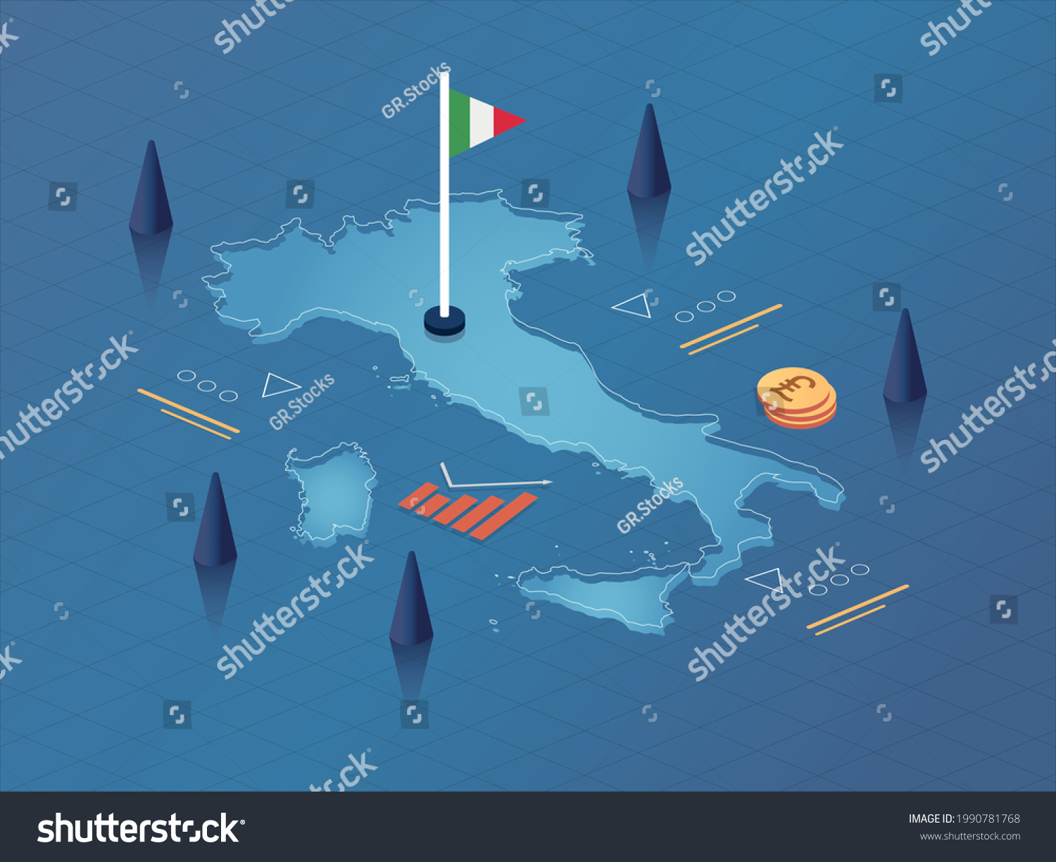 Italy Map, Flag and Currency Modern Isometric - Royalty Free Stock ...