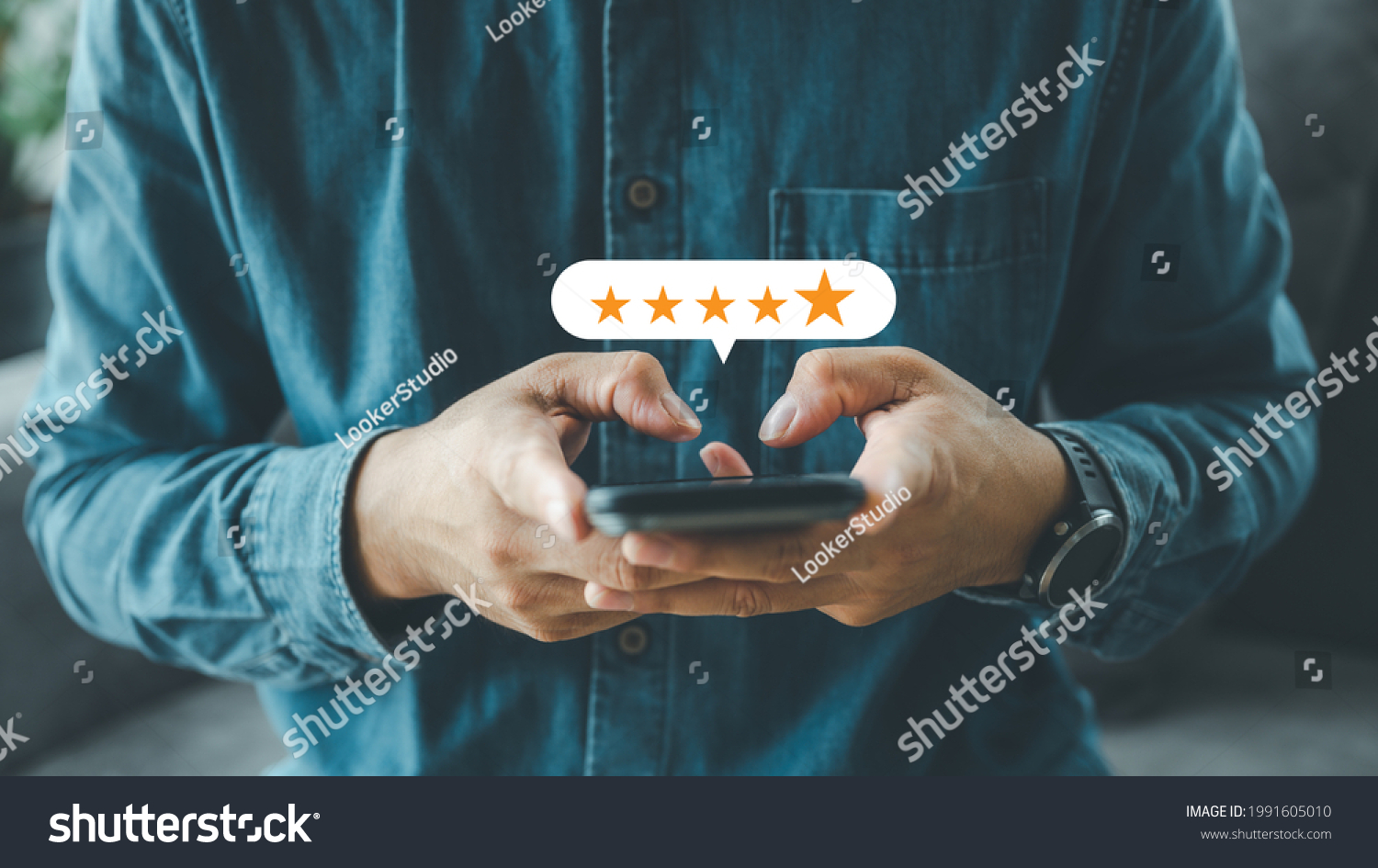 close up Man hand using smartphone with popup five star icon for feedback review satisfaction service, Customer service experience and business satisfaction survey. #1991605010