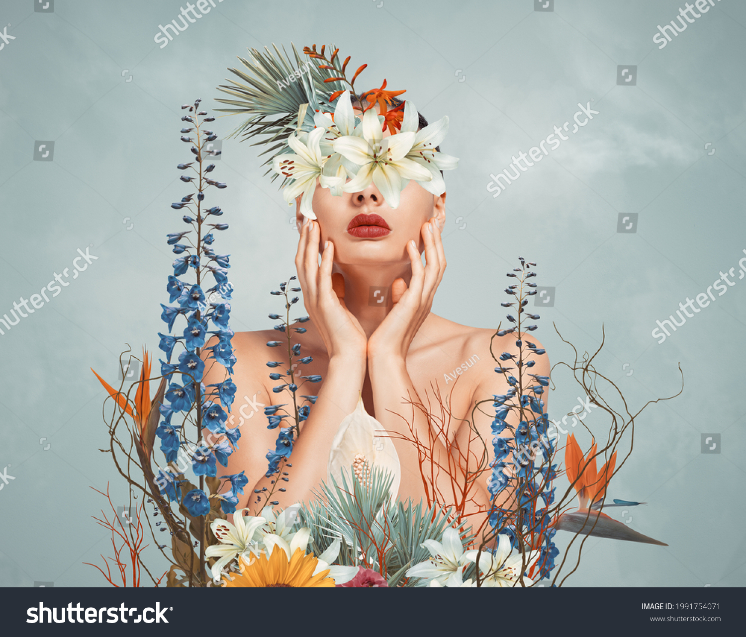 Abstract contemporary art collage portrait of young woman with flowers on face hides her eyes #1991754071