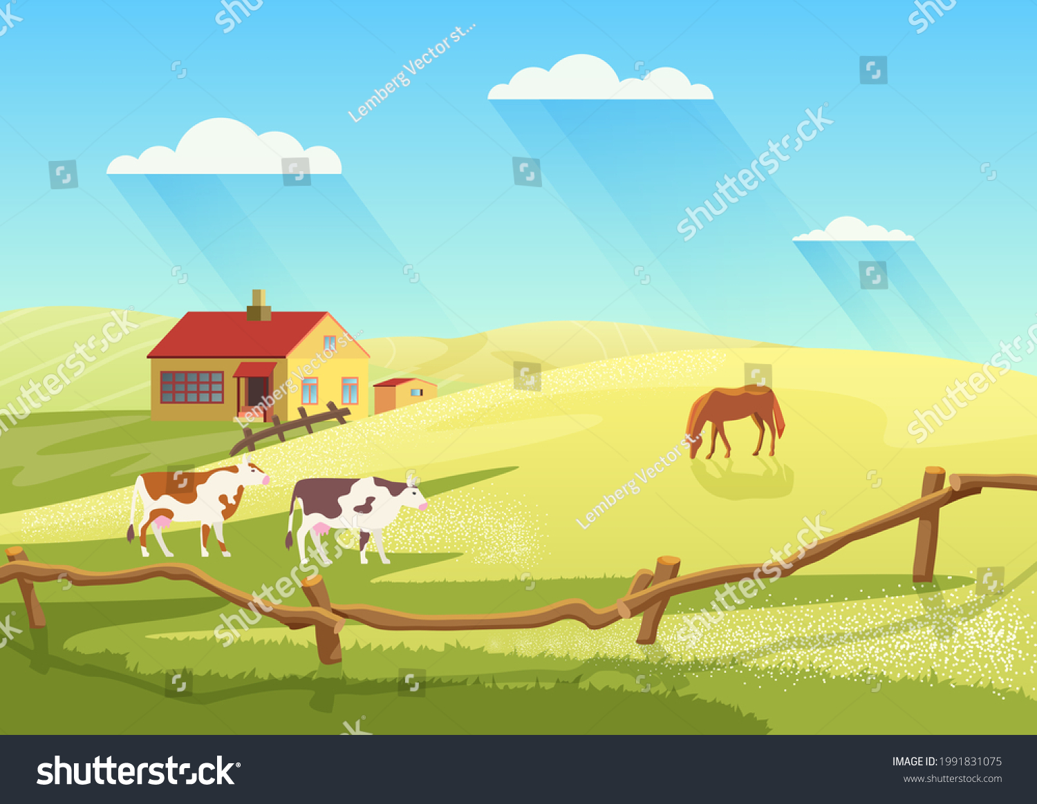 Village dairy farm with cows, rural ranch - Royalty Free Stock Vector ...