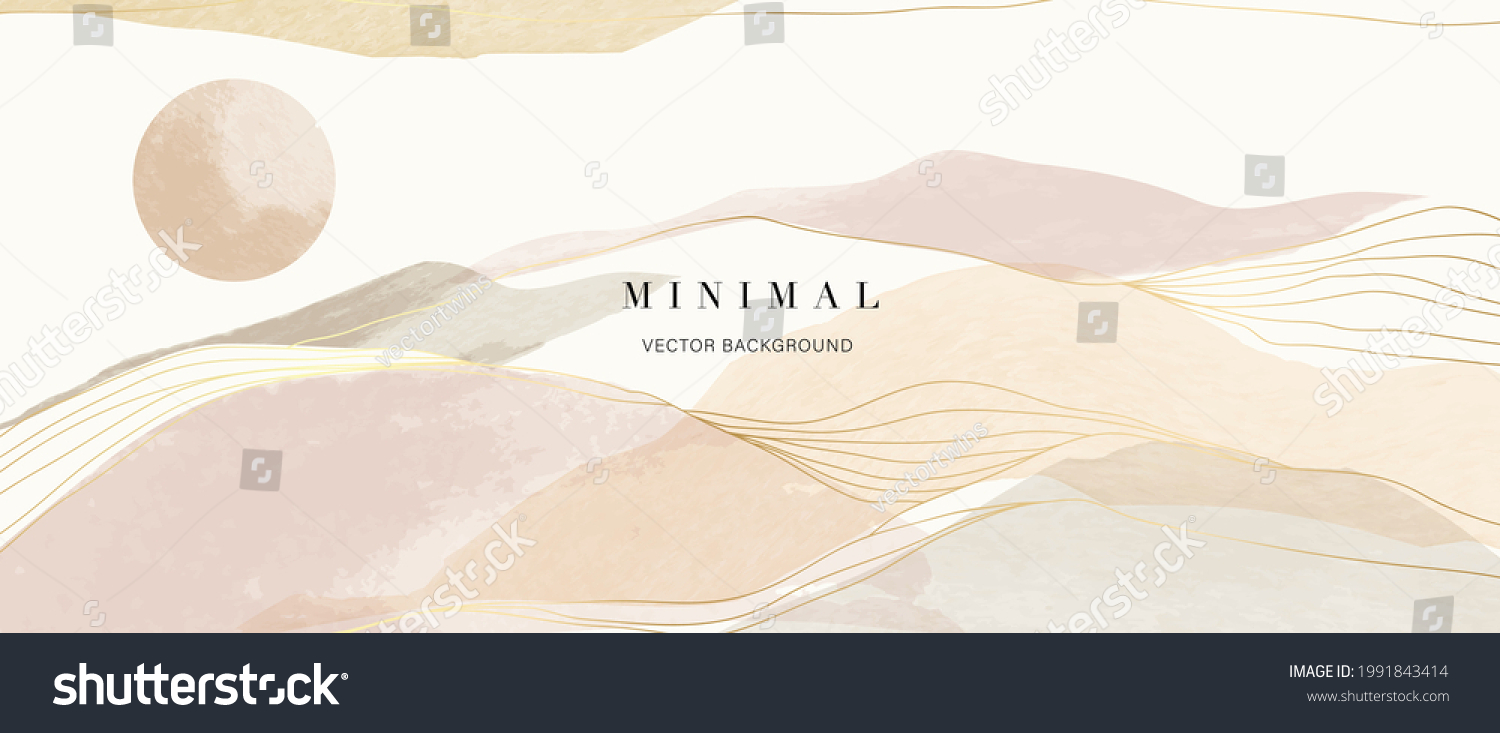 Mountain and sun Abstract art background vector. Luxury oriental style watercolor background with line art and brush texture. Wallpaper design for prints, cover, banner, wall art and home decoration. #1991843414