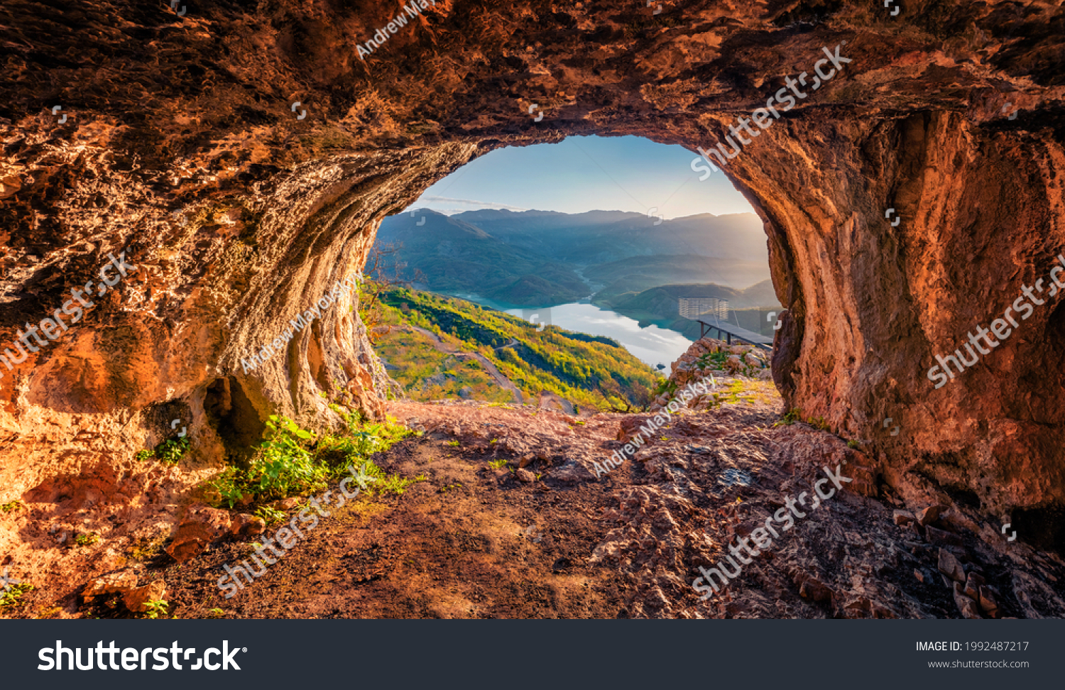 Fantastic view from the cave of Bovilla Lake, near Tirana city located. Superb spring landscape. Unbelievable outdor scene of Albania, Europe. Beauty of nature concept background. #1992487217