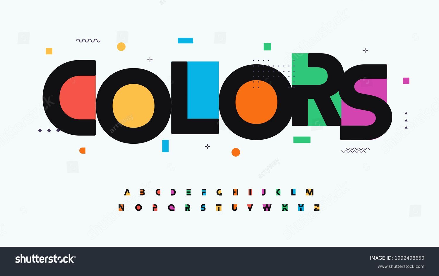Colors font alphabet letters. Modern logo typography. Color creative art typographic design. Festive letter set for rainbow logo, headline, color cover title, joy monogram. Isolated vector typeset #1992498650