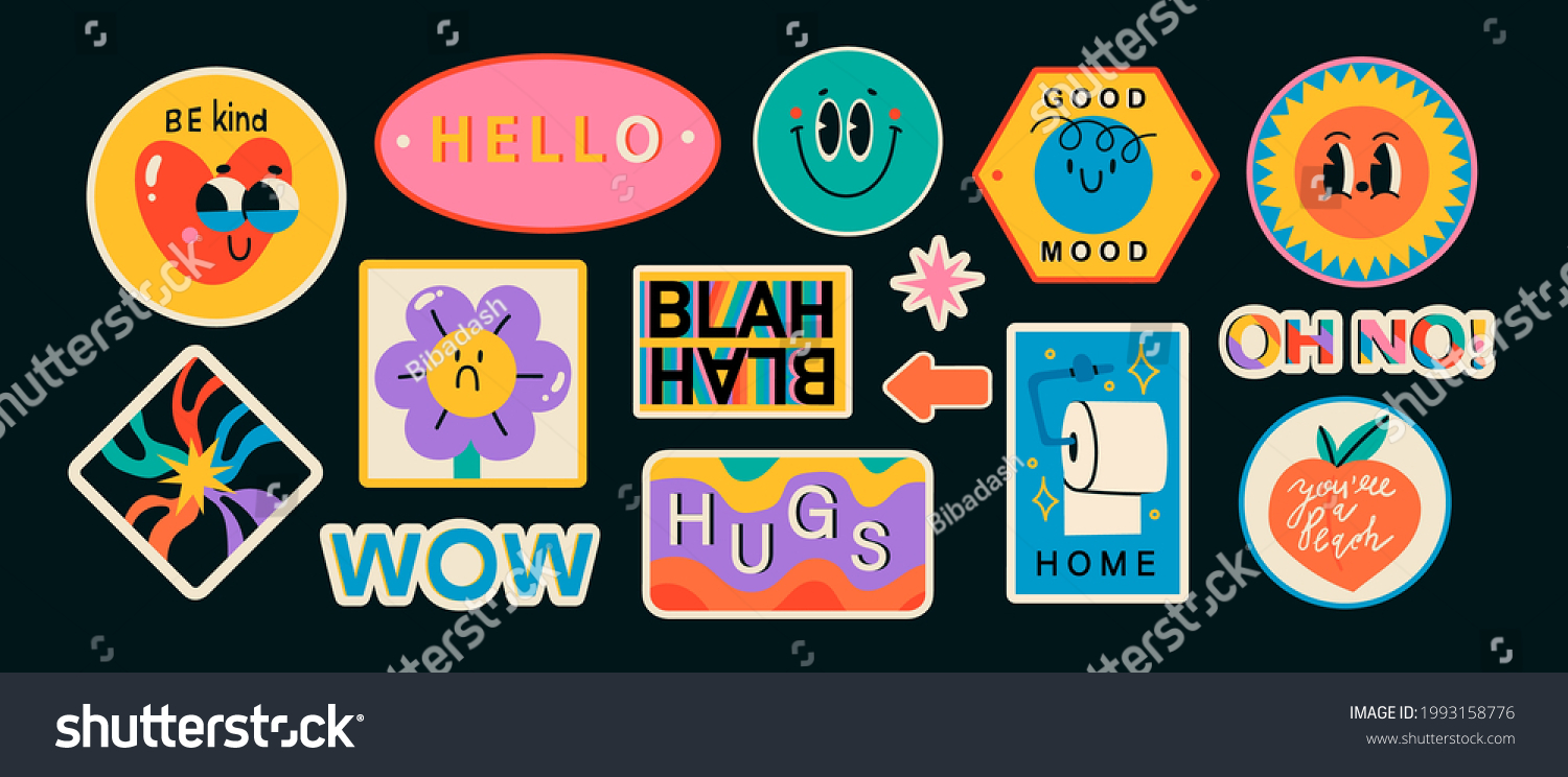 Set of Various Patches, pins, stamps or Stickers. Abstract funny cute comic Characters. Different Phrases and words. Hand drawn trendy Vector illustrations. Cartoon style. All elements are isolated. #1993158776