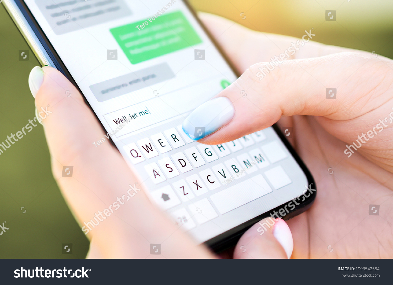 Text message with mobile phone. Woman texting sms with smartphone Catfish or digital scam. Screen keyboard in instant messaging chat. Macro close up of finger writing. Conversation with boyfriend. #1993542584