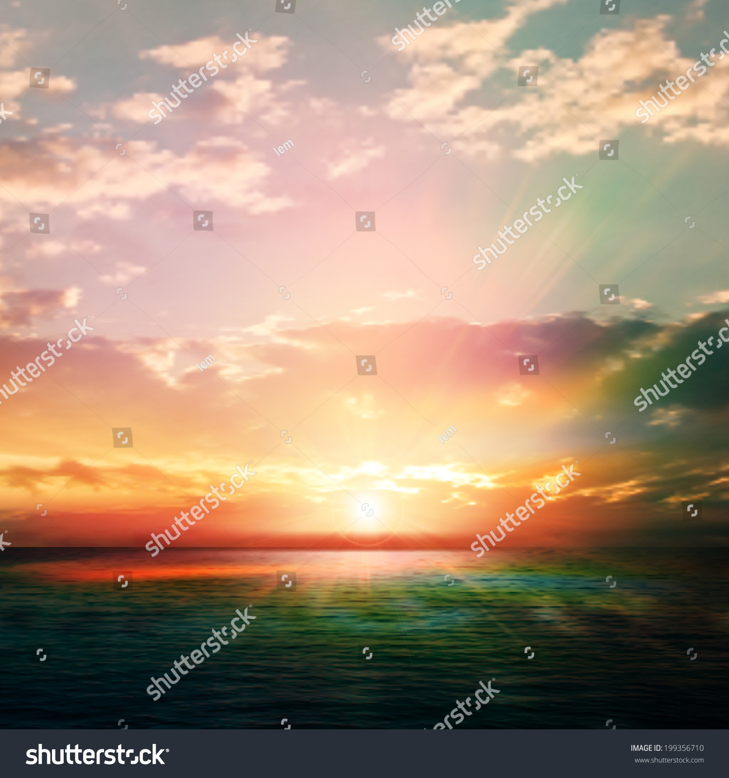 abstract nature background with sunrise and green ocean #199356710